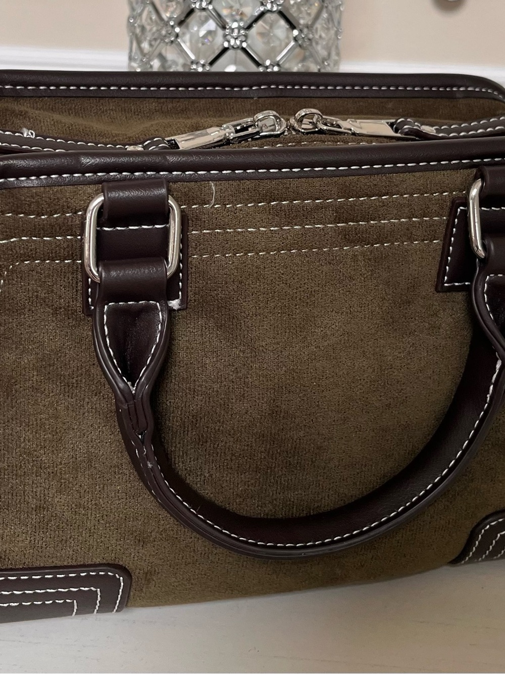 Green Brown Suede Satchel with Dark Brown Trim